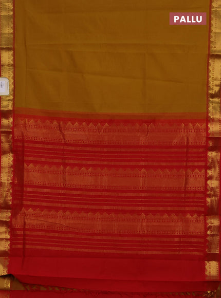 Mustard Yellow & red Semi Silk Cotton Saree