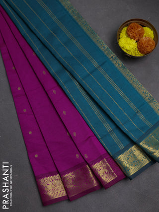 Magenta Pink & Peacock Green Semi Silk Cotton Saree - Buttas
