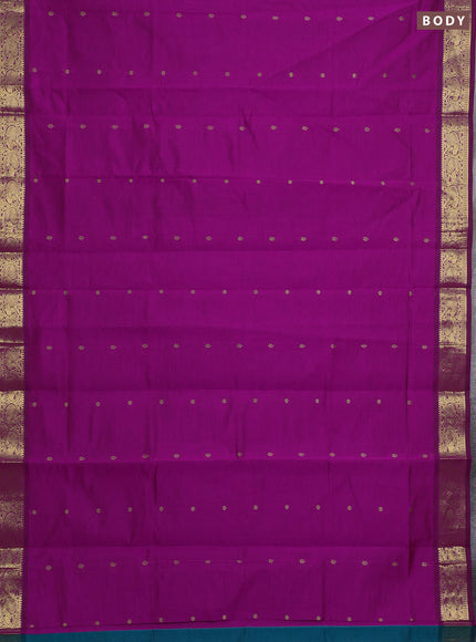 Magenta Pink & Peacock Green Semi Silk Cotton Saree - Buttas