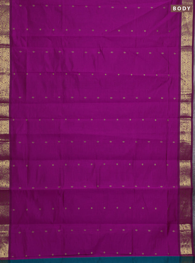 Magenta Pink & Peacock Green Semi Silk Cotton Saree - Buttas