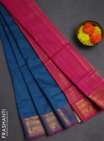 Peacock Blue & Pink Semi Silk Cotton Saree