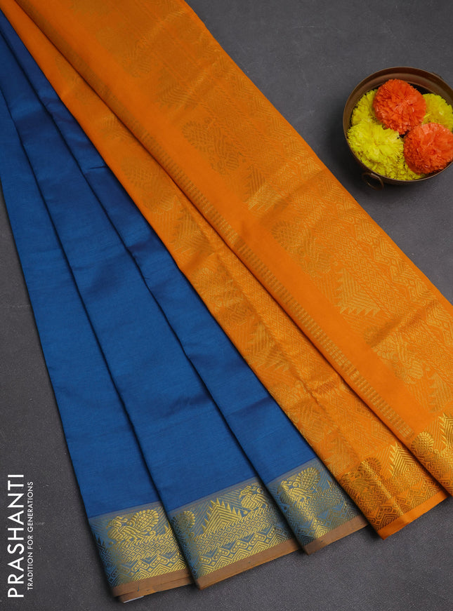 Peacock Blue & Mustard Yellow Semi Silk Cotton Saree