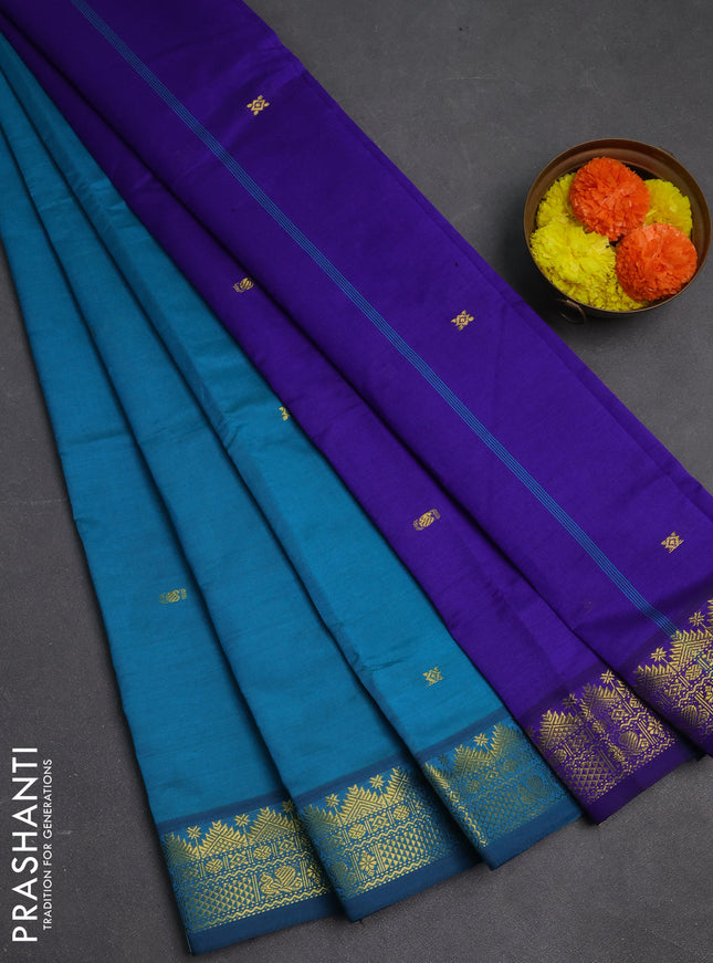 Teal Blue & Purple Semi Silk Cotton Saree - Buttas