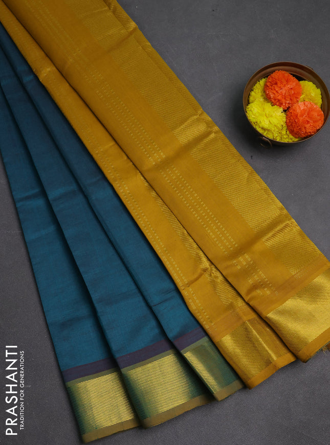 Peacock Green & Mustard Yellow Semi Silk Cotton Saree - Big Border