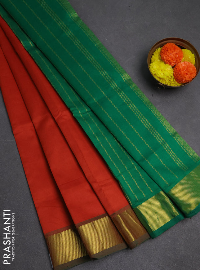 Orange & Green Semi Silk Cotton Saree - Big Border