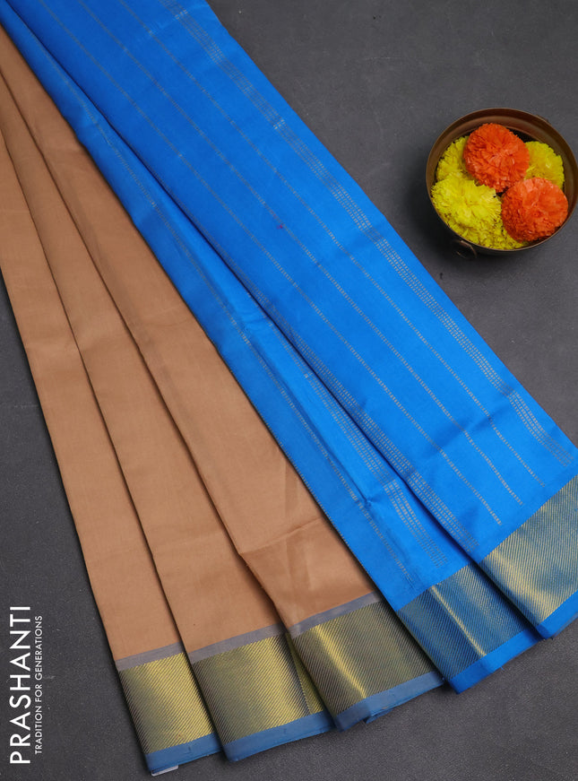 Sandal & Sky Blue Semi Silk Cotton Saree - Big Border