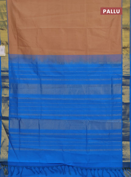 Sandal & Sky Blue Semi Silk Cotton Saree - Big Border