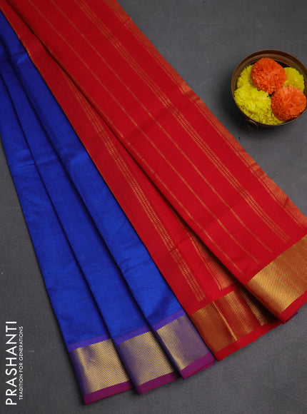Blue & Red Semi Silk Cotton Saree - Big Border