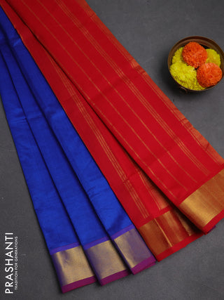 Blue & Red Semi Silk Cotton Saree - Big Border