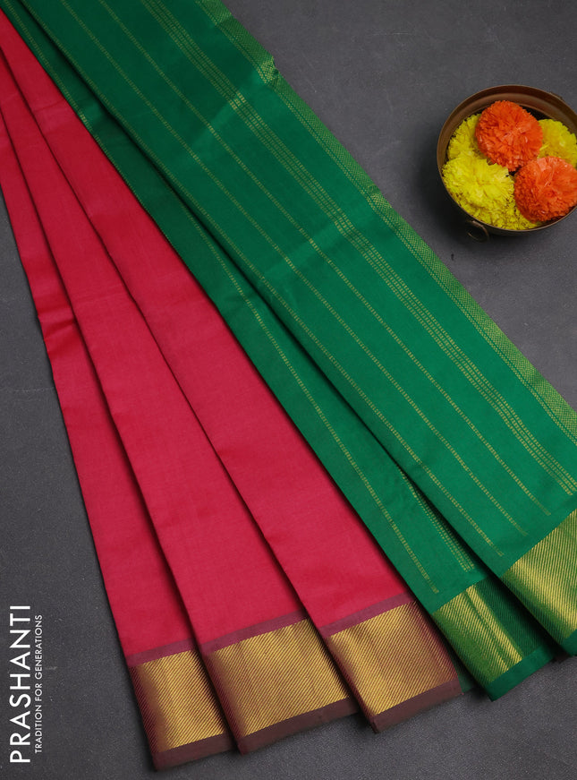 Pink & Green Semi Silk Cotton Saree - Big Border