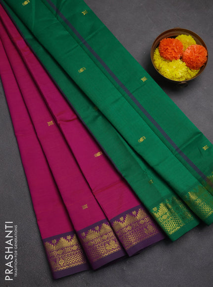 Magenta Pink & Green Semi Silk Cotton Saree - Buttas
