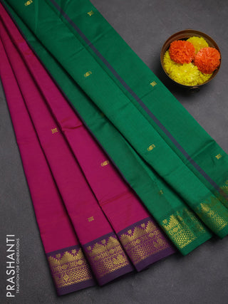 Magenta Pink & Green Semi Silk Cotton Saree - Buttas