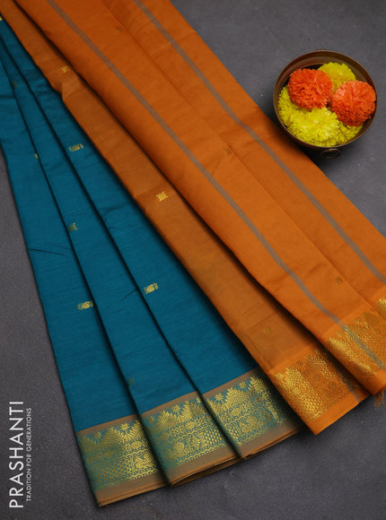 Teal Blue & Mustard Yellow Semi Silk Cotton Saree - Buttas