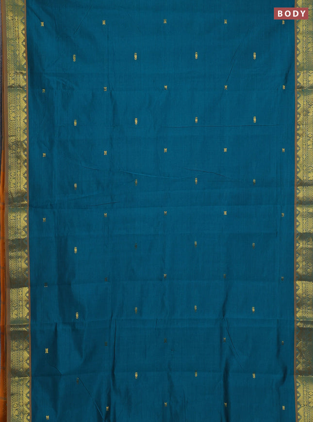 Teal Blue & Mustard Yellow Semi Silk Cotton Saree - Buttas