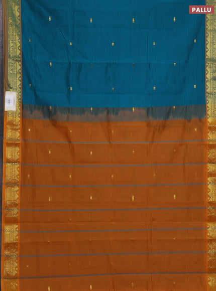 Teal Blue & Mustard Yellow Semi Silk Cotton Saree - Buttas