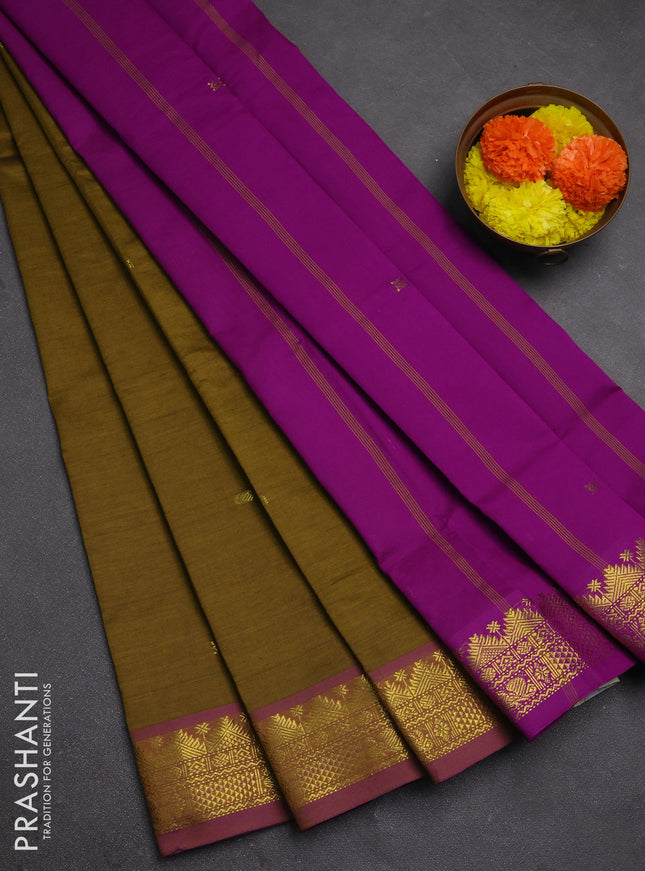Mehendi Green & Purple Semi Silk Cotton Saree - Buttas