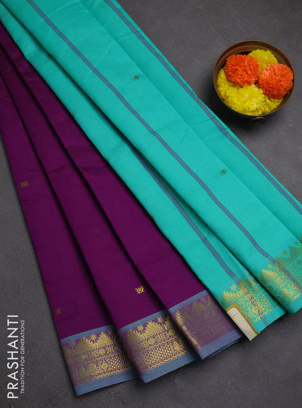 Purple & Teal Green Semi Silk Cotton Saree - Buttas