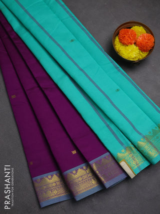 Purple & Teal Green Semi Silk Cotton Saree - Buttas