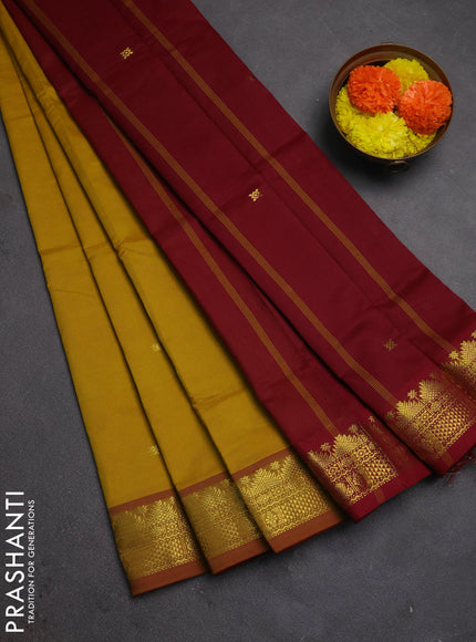 Mustard Yellow & Maroon Semi Silk Cotton Saree - Buttas