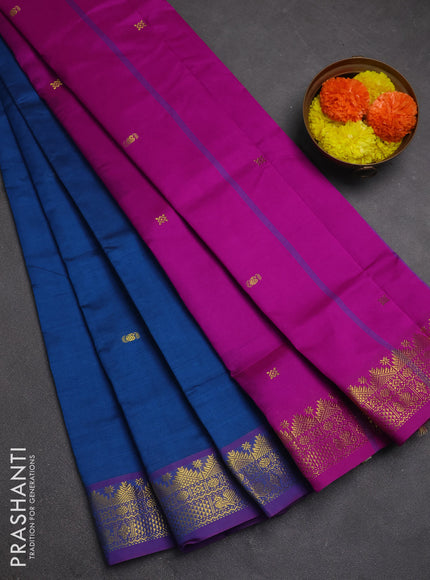 Peacock Blue & Magenta Pink Semi Silk Cotton Saree - Buttas