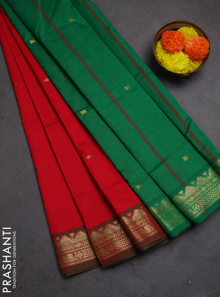 Red & Green Semi Silk Cotton Saree - Buttas