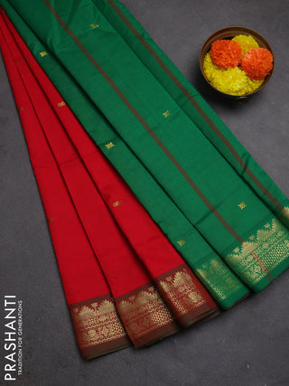 Red & Green Semi Silk Cotton Saree - Buttas