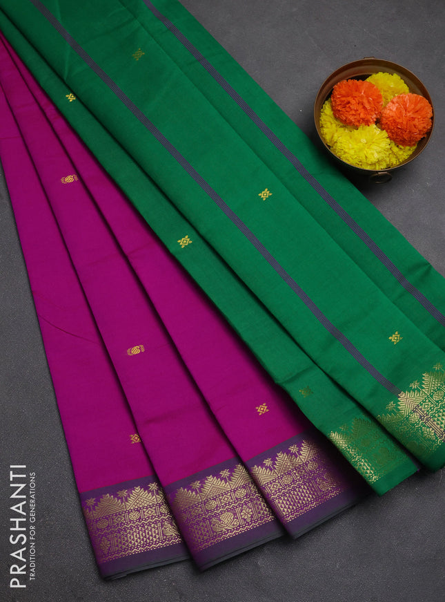 Pink & Green Semi Silk Cotton Saree - Buttas