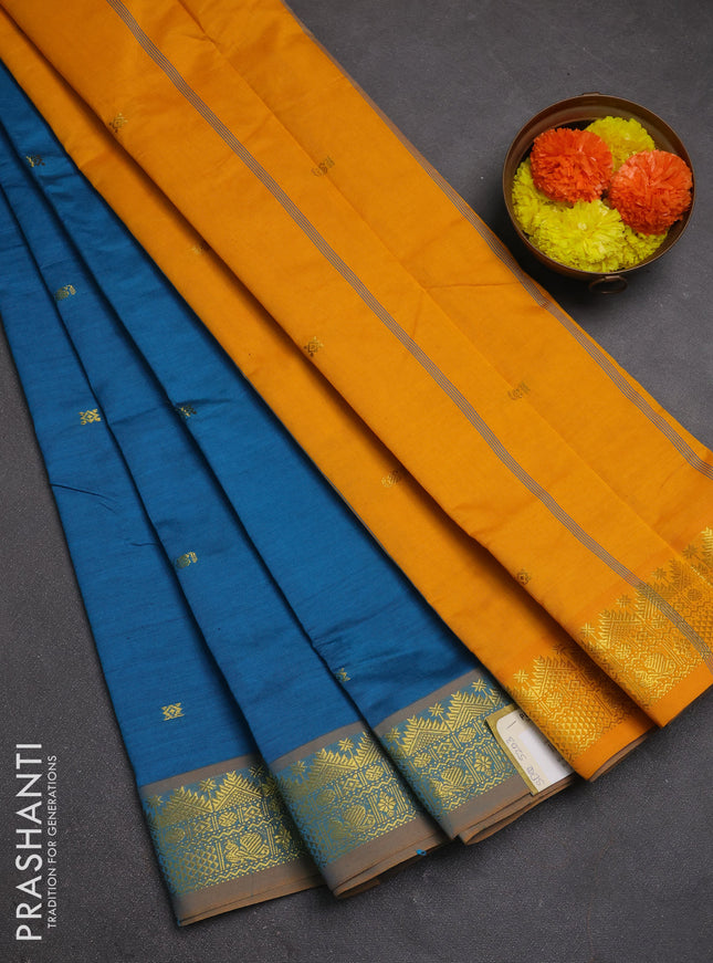 Peacock Blue & Mustard Yellow Semi Silk Cotton Saree - Buttas