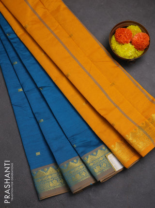 Peacock Blue & Mustard Yellow Semi Silk Cotton Saree - Buttas