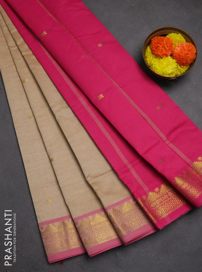 Beige & Pink Semi Silk Cotton Saree - Buttas