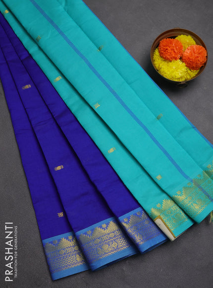 Blue & Teal Green Semi Silk Cotton Saree - Buttas