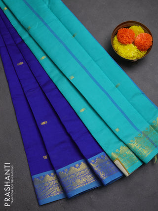 Blue & Teal Green Semi Silk Cotton Saree - Buttas