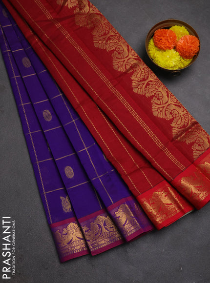 Violet & Red Semi Silk Cotton Saree - Checks & Buttas