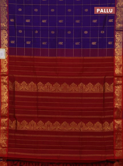 Violet & Red Semi Silk Cotton Saree - Checks & Buttas