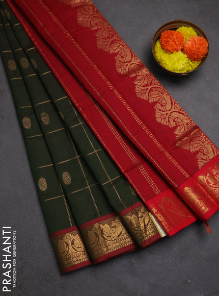 Bottle Green & Maroon Semi Silk Cotton Saree - Checks & Buttas