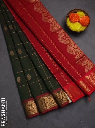 Bottle Green & Maroon Semi Silk Cotton Saree - Checks & Buttas