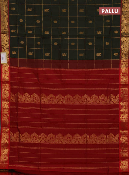 Bottle Green & Maroon Semi Silk Cotton Saree - Checks & Buttas