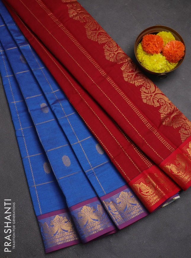 Blue & Red Semi Silk Cotton Saree - Checks & Buttas