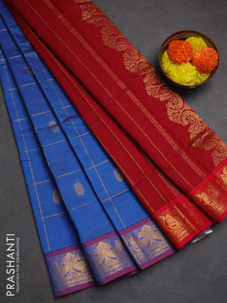 Blue & Red Semi Silk Cotton Saree - Checks & Buttas