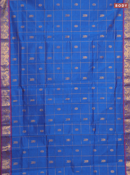 Blue & Red Semi Silk Cotton Saree - Checks & Buttas