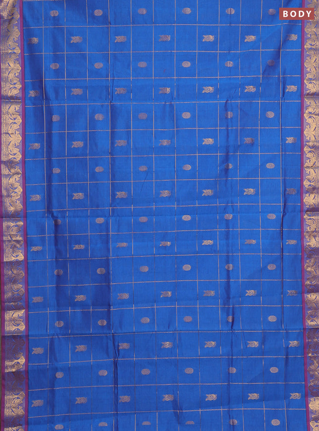 Blue & Red Semi Silk Cotton Saree - Checks & Buttas