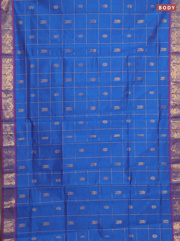 Blue & Red Semi Silk Cotton Saree - Checks & Buttas