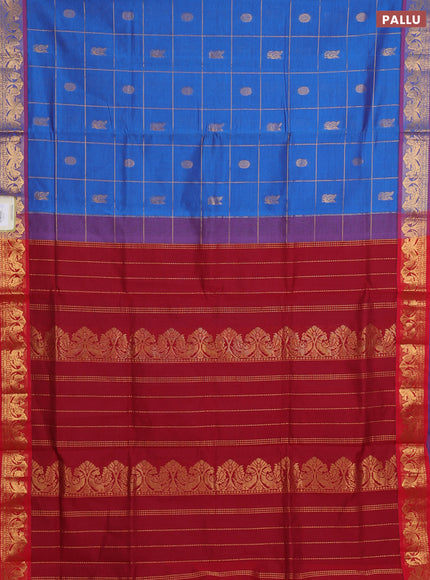 Blue & Red Semi Silk Cotton Saree - Checks & Buttas