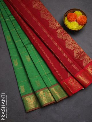 Green & Red Semi Silk Cotton Saree - Checks & Buttas