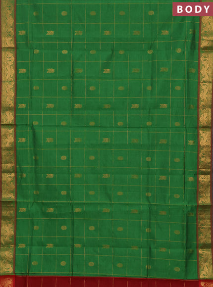 Green & Red Semi Silk Cotton Saree - Checks & Buttas