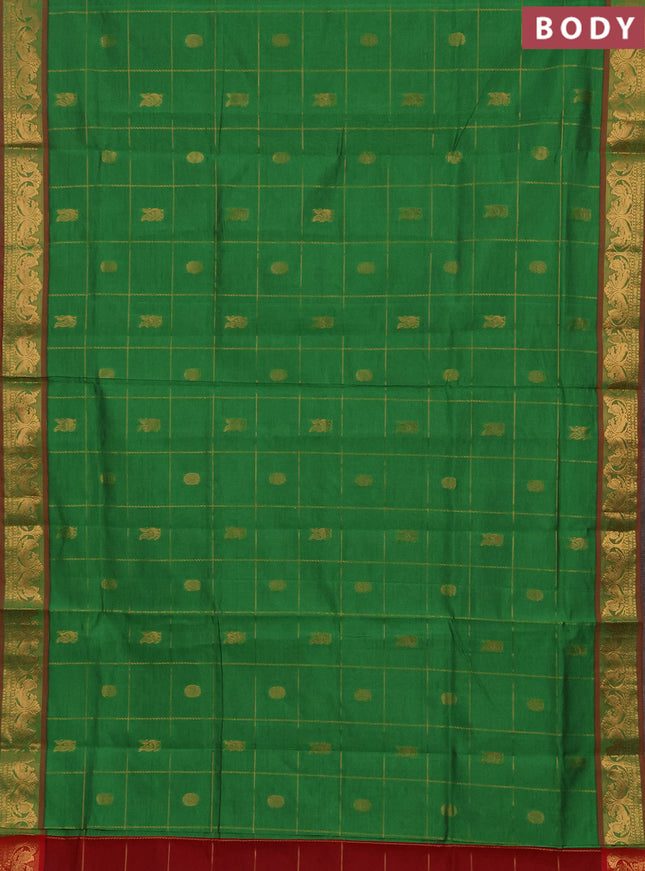 Green & Red Semi Silk Cotton Saree - Checks & Buttas