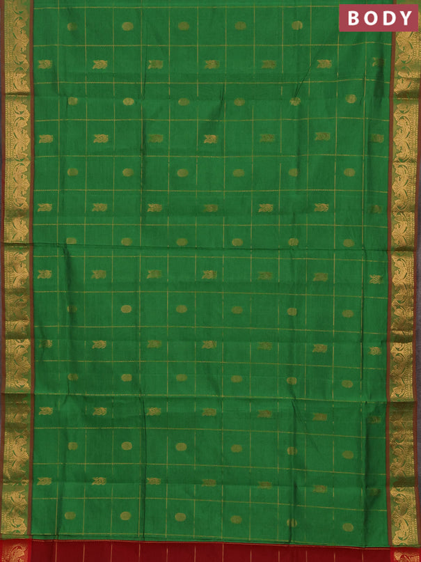Green & Red Semi Silk Cotton Saree - Checks & Buttas