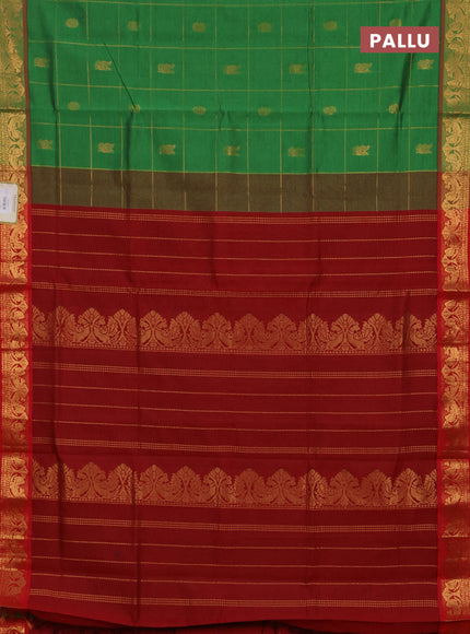 Green & Red Semi Silk Cotton Saree - Checks & Buttas