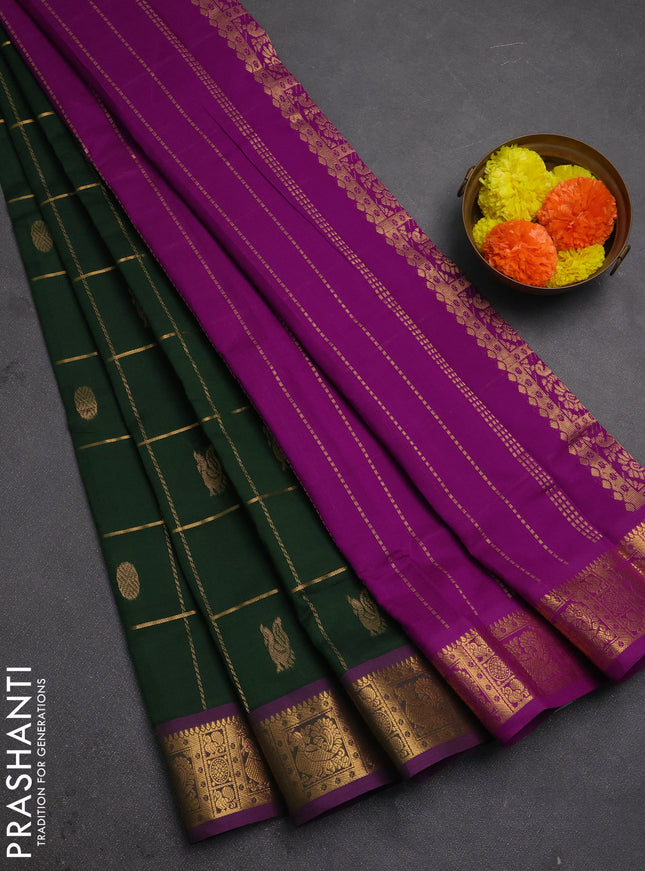 Green & Purple Semi Semi Silk Cotton Saree - Checks & Buttas