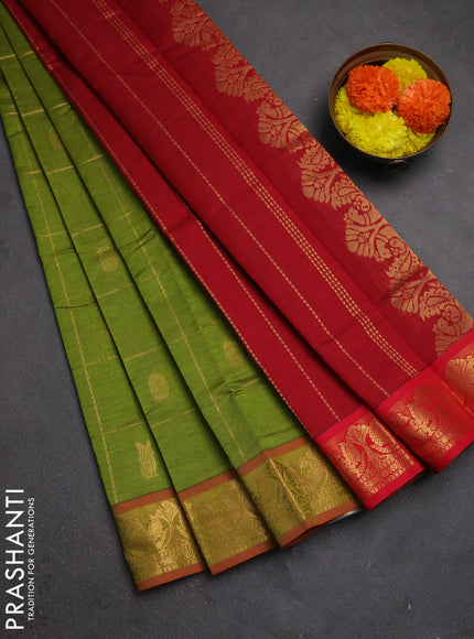 Green & Red Semi Silk Cotton Saree - Checks & Buttas